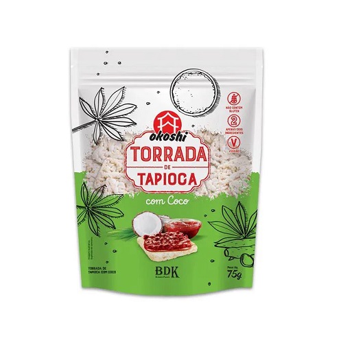 Torrada de tapioca com coco sem glúten Okoshi 75g Torrada de tapioca com coco sem glúten Okoshi 75g